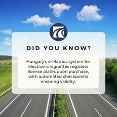 Did you know that Hungary’s toll system is all digital? The e-vignette, known locally as the e-Matrica, automatically registers your license plate at the time of purchase. With automated checkpoints spread throughout the country, the system ensures your vignette is always valid, allowing for a seamless driving experience across Hungary’s scenic routes.

Navigating Hungary has never been easier, making it a breeze to explore its rich landscapes and historical sites. 🛣️

#Vintrica #Vignette #DidYouKnow #TravelFacts #EuropeanTravel #HungaryTravel #TravelTips #TravelTrivia #FunFact #eMatrica #RoadTrip #HungaryTravel #TravelSmart